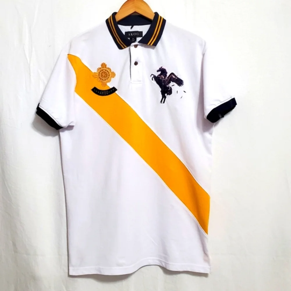 AKOO Cotton Pique White Pegasus Embroidered Polo Shirt Mens XL - Picture 1 of 8